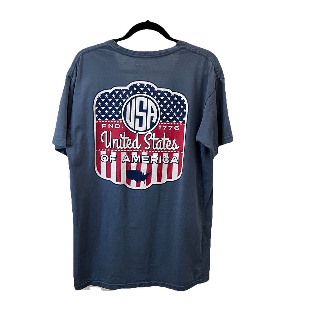 Royce Brand V Neck Short Sleeve USA Gray Blue Graphic Tee Shirt Womens Size L
